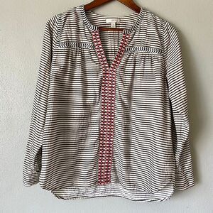 J.Crew Women's Embroidered Boho Black Ivory Striped Loose Fit Blouse - Size 0